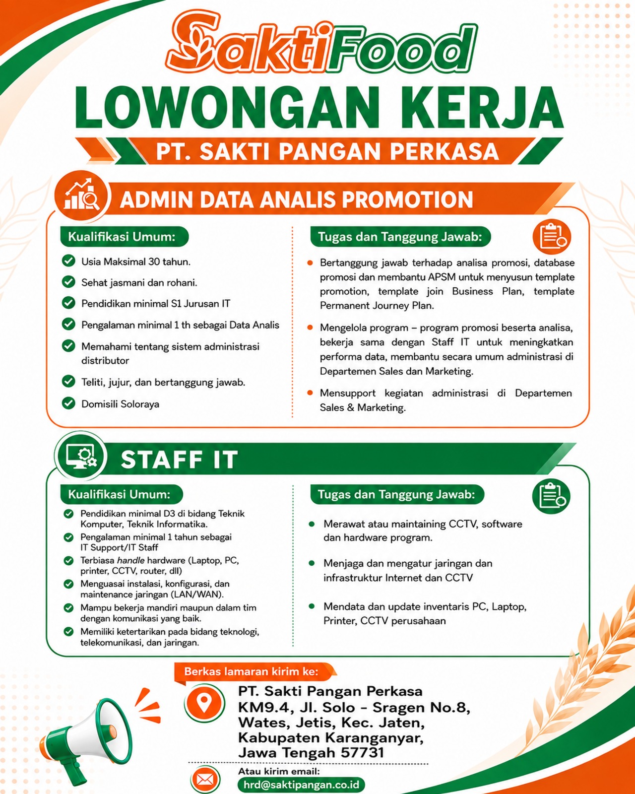 Admin Data Analist Promotion dan Staff IT PT Sakti Pangan Perkasa